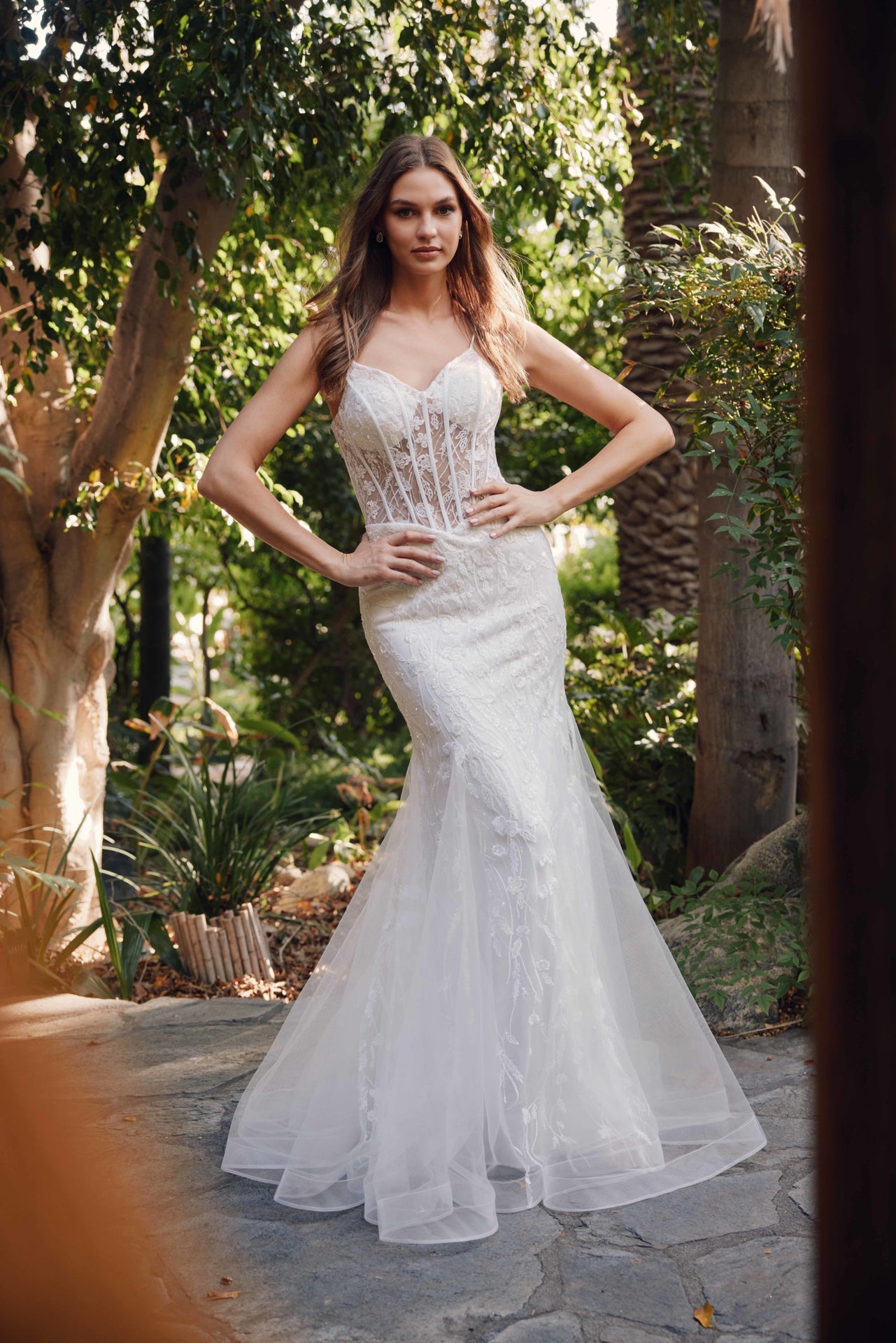 Floral Lace Embellished Maxi Wedding Gown w/ Sweetheart Neckline & Sheer Corset Bodice JTJT2441SW-0